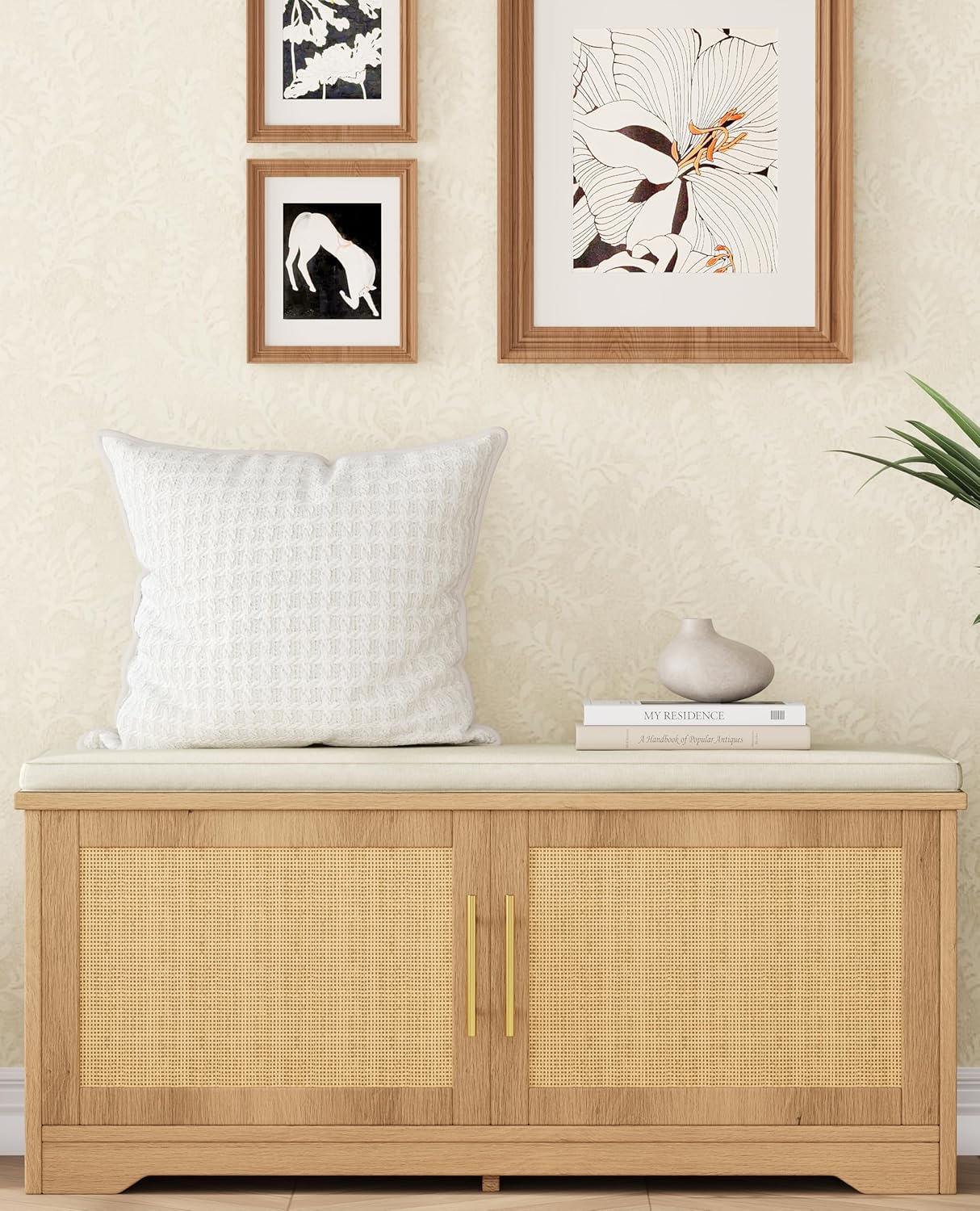 Rattan Shoe Storage Bench with Cushion, 39.4" Wide Entryway Bench with Adjustable Shelf, Hidden Shoe Organizer Cabinet, for Hallway, Living Room, Bedroom, Natural Oak