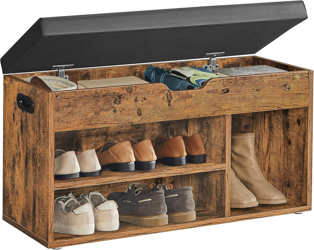 VASAGLE CUSTOS Collection - Storage Bench with Cushion, Shoe Bench, Padded Seat, Hidden Storage, Entryway, Hold up to 300 lb, 11.8 x 31.5 x 17.3 Inches, Rustic Brown and Ink Black ULHS30BX