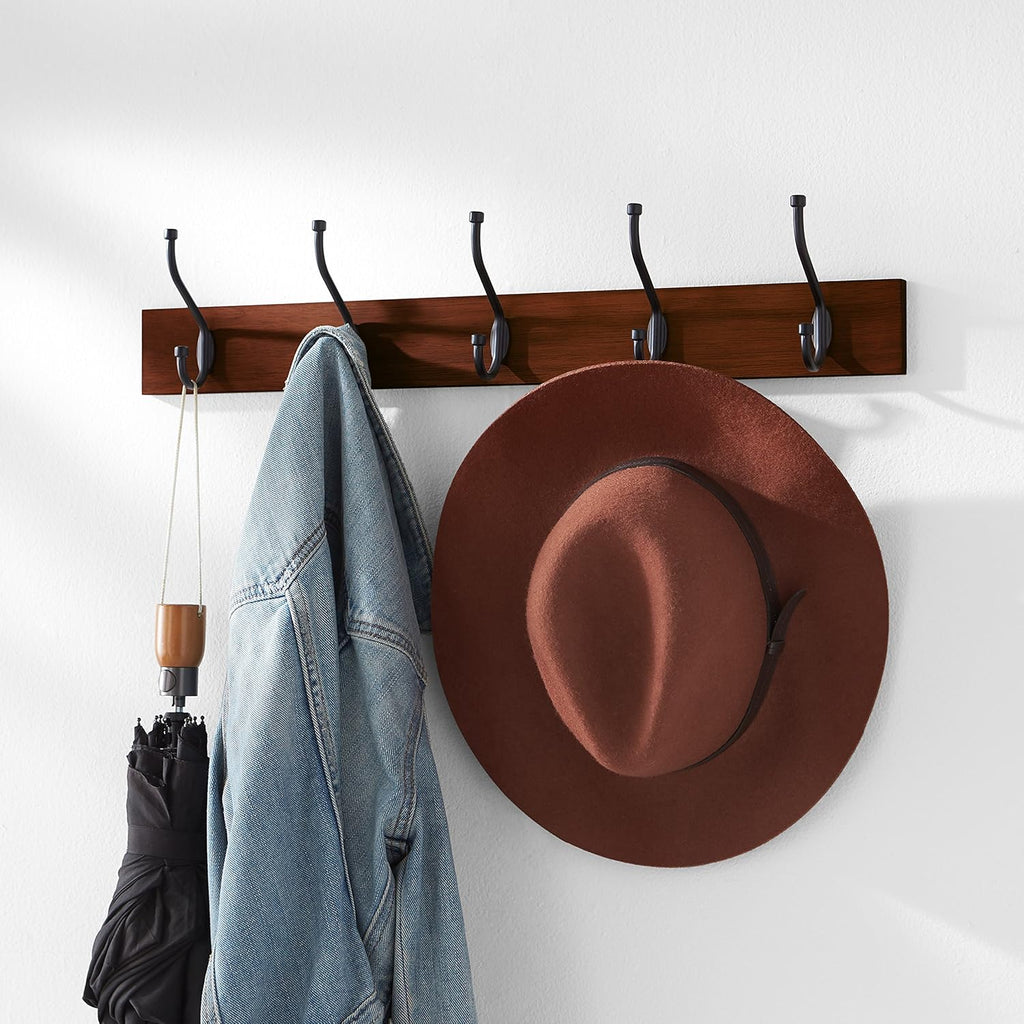 Amazon Basics Rectangular Farmhouse Wall-Mounted Coat Rack for Entryway and Bedroom, Storage Organizer, 5 Double Hooks, Light Walnut | Farmhouse, Rectangular