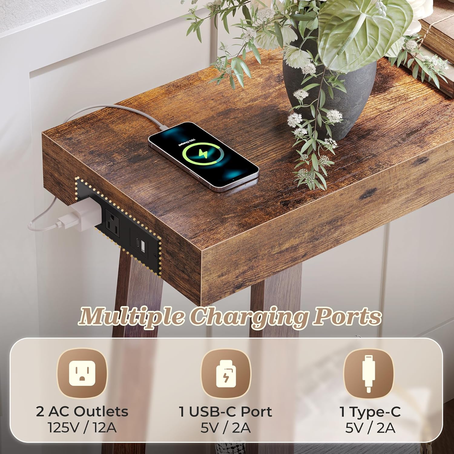 Huuger Entryway Console Table with Charging Station, USB-C Port, 39.4 Inch Sofa Table with Metal Legs, Entry Hallway Table with Thicker Desktop, Modern Behind Couch Table, Rustic Brown