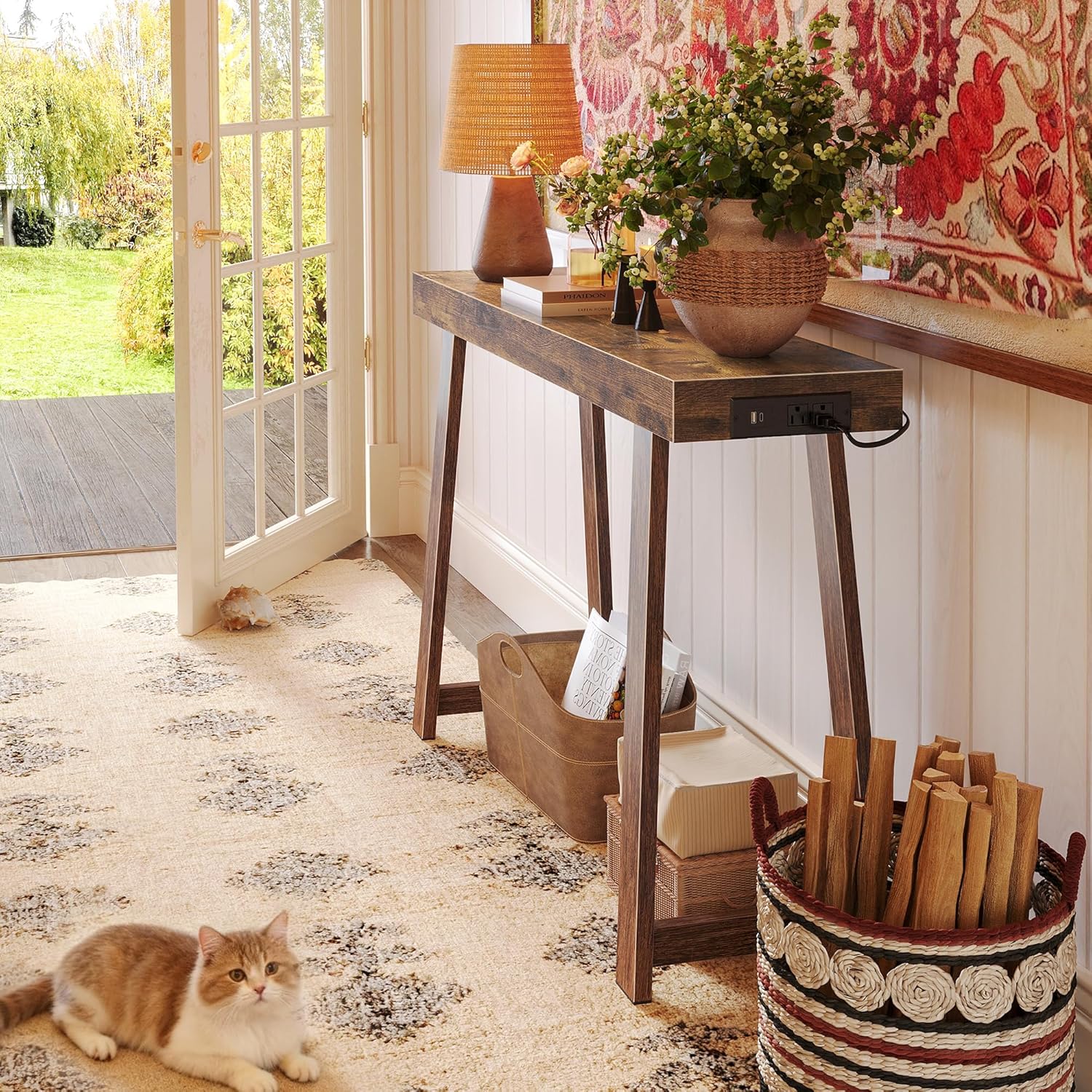 Huuger Entryway Console Table with Charging Station, USB-C Port, 39.4 Inch Sofa Table with Metal Legs, Entry Hallway Table with Thicker Desktop, Modern Behind Couch Table, Rustic Brown