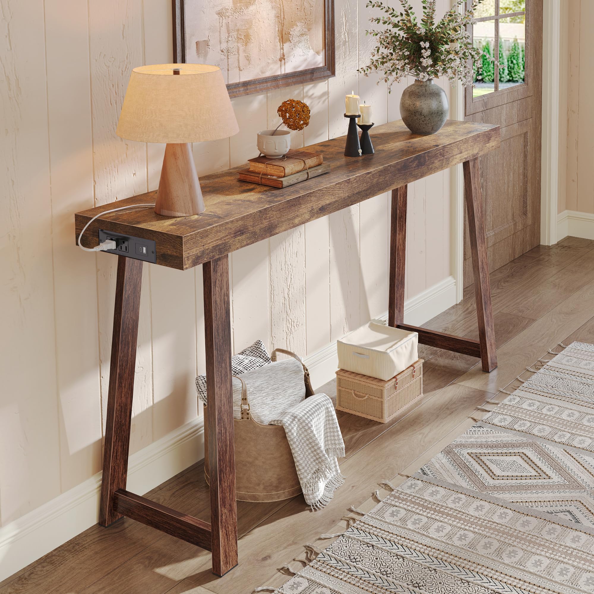Huuger Entryway Console Table with Charging Station, USB-C Port, 39.4 Inch Sofa Table with Metal Legs, Entry Hallway Table with Thicker Desktop, Modern Behind Couch Table, Rustic Brown