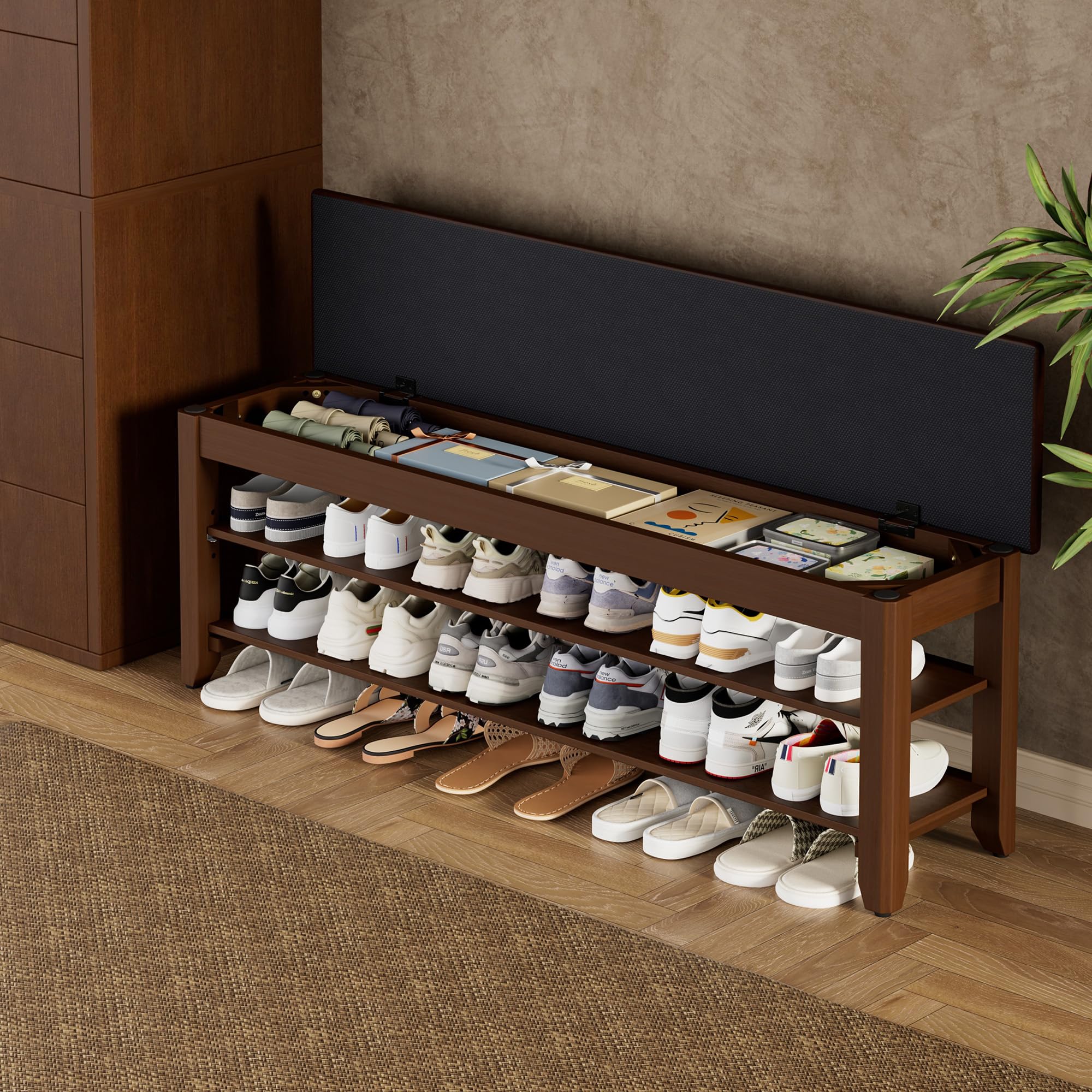 Homleke Shoe Rack Bench with Flip-Top Storage, Solid Wood Entryway Bench with Cushion, Adjustable Shelf, for Hallway, Mudroom, Closet – Walnut, 39.4"